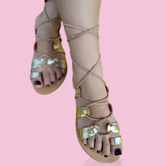 Gold and Tan Strappy Sandals - Picture 1 of 5